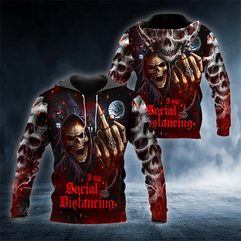 I Am Social Distancing Reaper Fire Skull 3D All Over Printed Unisex Hoodie US Size