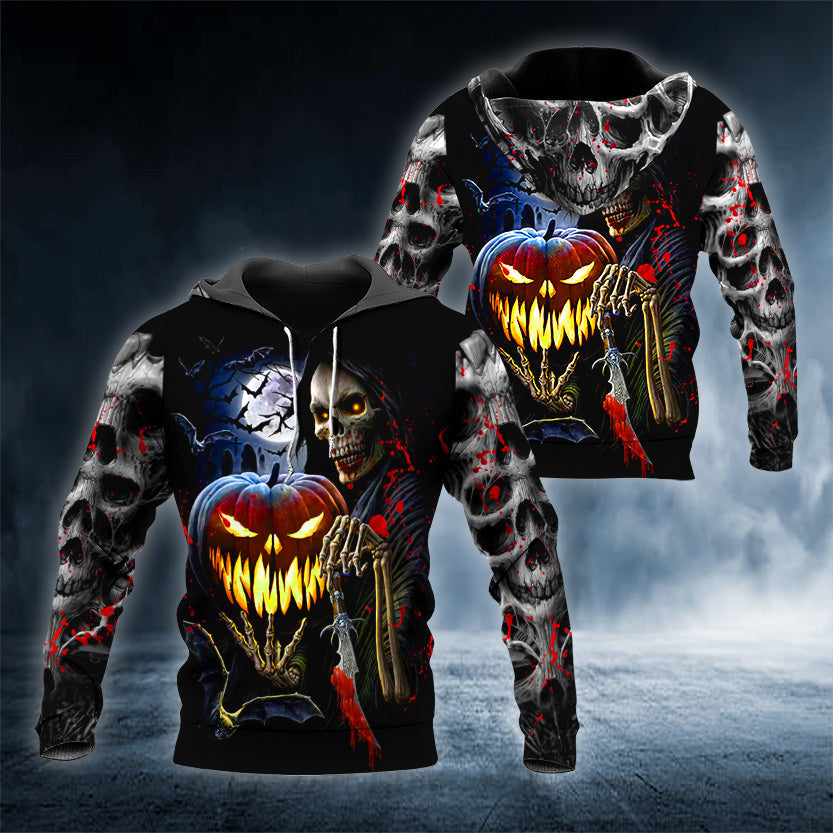 Halloween Pumkin Hunter Skull 3D All Over Printed Unisex Hoodie US Size