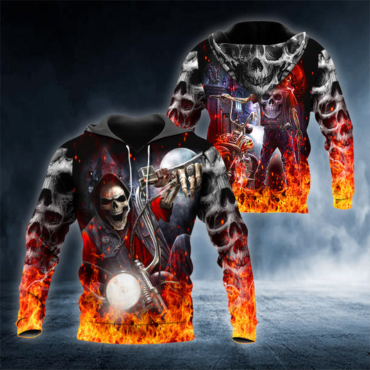 Fire Biker Skull 3D All Over Printed Unisex Hoodie US Size