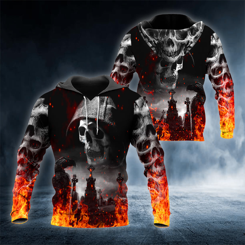 Grim Reaper's Hunt Fire Skull 3D All Over Printed Unisex Hoodie US Size