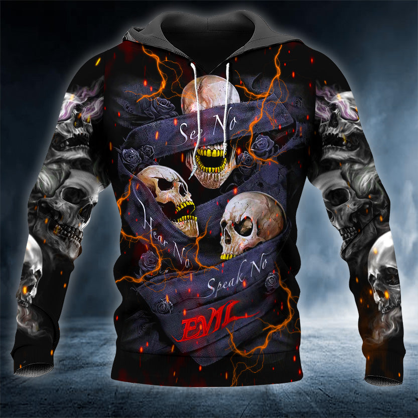 Grunge No See No Hear No Speak Evil Skull 3D All Over Printed Unisex Hoodie US Size