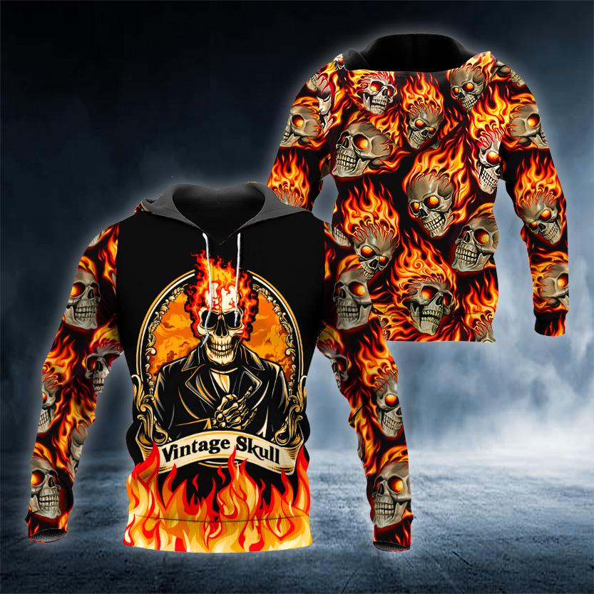 Ghost Fire Vintage Skull 3D All Over Printed US Unisex Size Hoodie