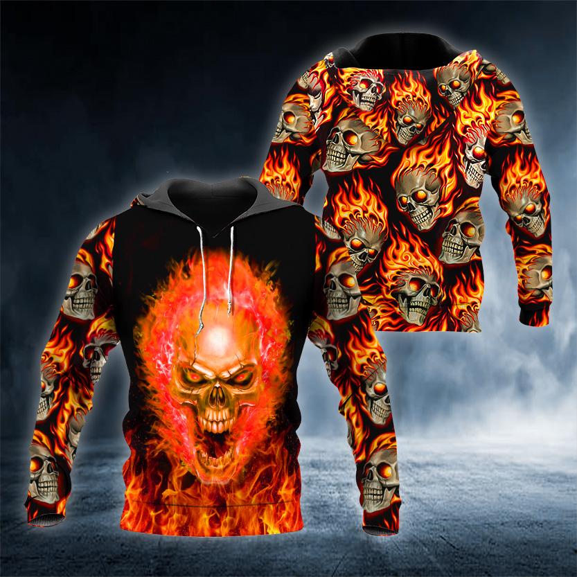 Head Fire Ghost Skull 3D All Over Printed US Unisex Size Hoodie