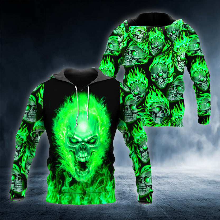 Green Flame Skull 3D All Over Printed Unisex Hoodie US Size