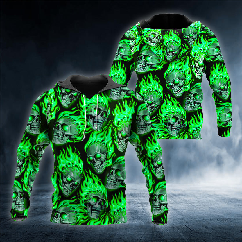 Scary Green Flame Ghost Skull 3D All Over Printed Unisex Hoodie US Size