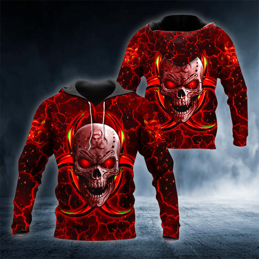 Biohazard Symbol Red Flame Skull 3D All Over Printed Unisex Hoodie US Size