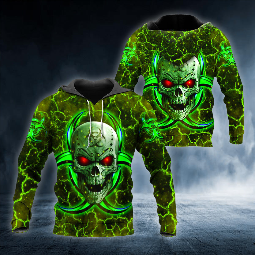 Biohazard Symbol Green Flame Skull 3D All Over Printed Unisex Hoodie US Size