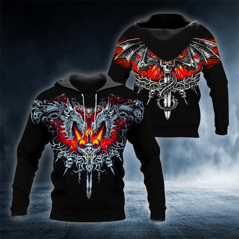 Black Dragon Sword Fire Skull 3D All Over Printed Unisex Hoodie US Size