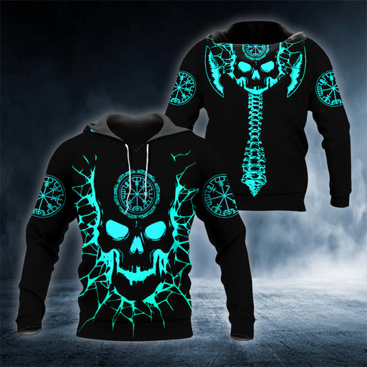 Black Viking Compass Neon Flame Skull 3D All Over Printed Unisex Hoodie US Size