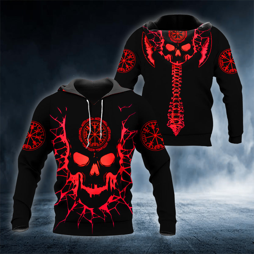 Red Viking Compass Flame Skull 3D All Over Printed Unisex Hoodie US Size