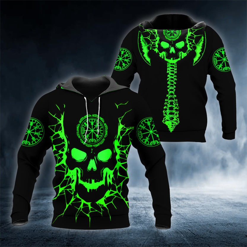 Neon Green Viking Compass Skull 3D All Over Printed Unisex Hoodie US Size