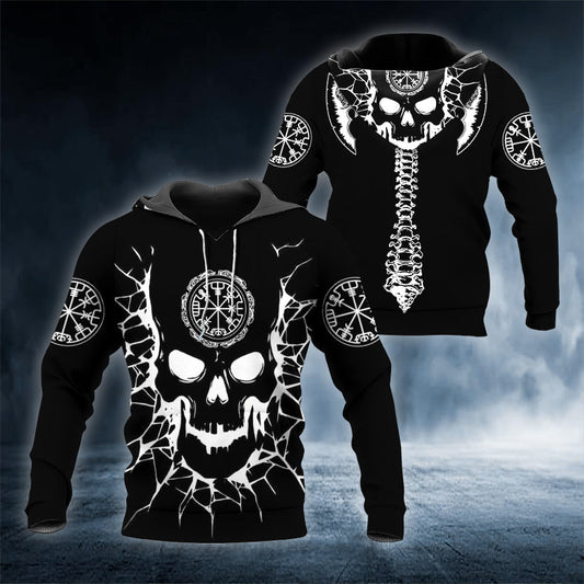 Black White Viking Compass Skull 3D All Over Printed Unisex Hoodie US Size