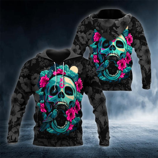 Blue Flower Skull 3D All Over Printed US Unisex Size Hoodie