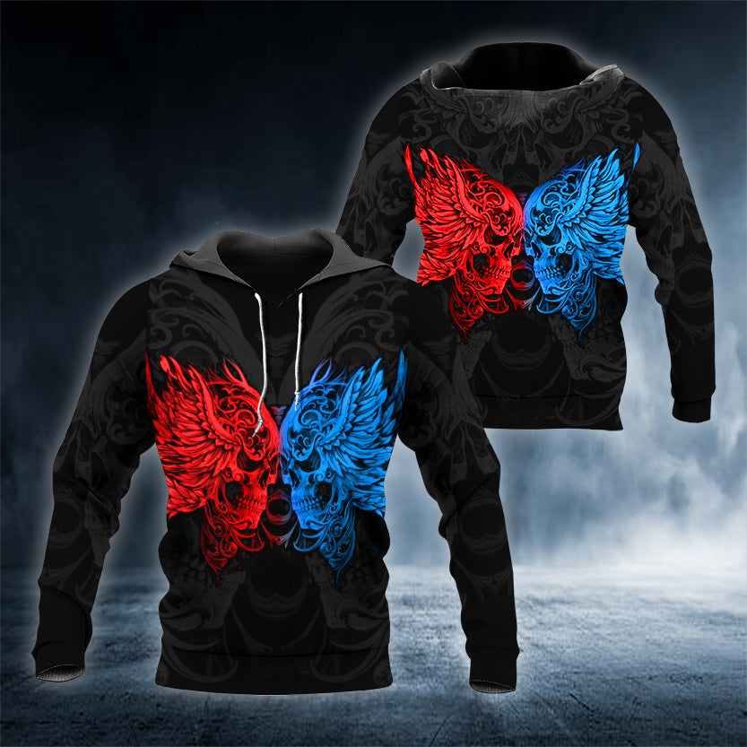 Red Blue Combat Skull Tattoo 3D All Over Printed Unisex Hoodie US Size