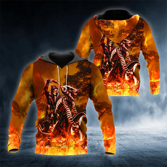 Reaper Rider Fire Skull 3D All Over Printed Unisex Hoodie US Size