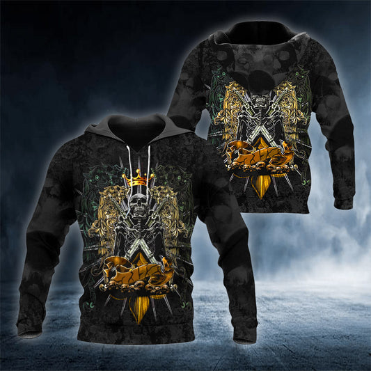 Skeleton King On Throne Skull 3D All Over Printed Unisex Hoodie US Size