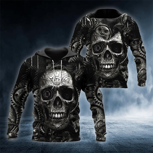 Black White One Eye Mechanic Skull 3D All Over Printed Unisex Hoodie US Size