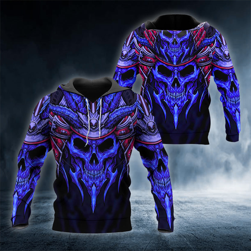 Dark Blue Warrior Skull 3D All Over Printed Unisex Hoodie US Size