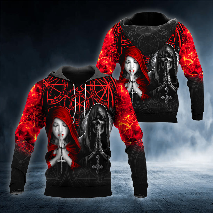 Black Red Gothic Prayer Skull 3D All Over Printed Unisex Hoodie US Size