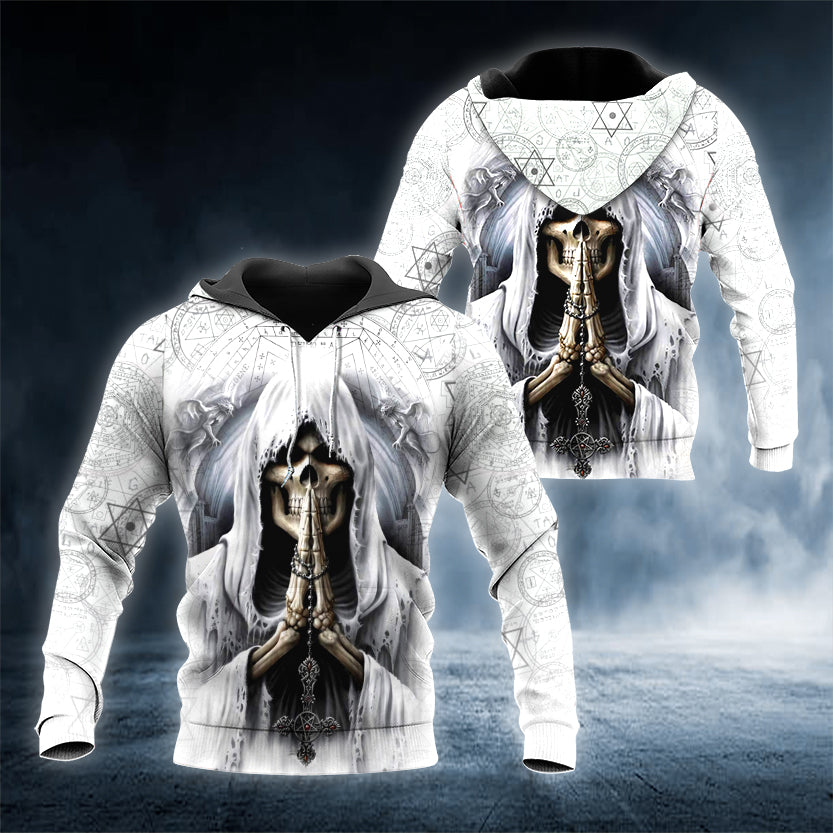 Grim Reaper Pray Skull White 3D All Over Printed Unisex Hoodie US Size