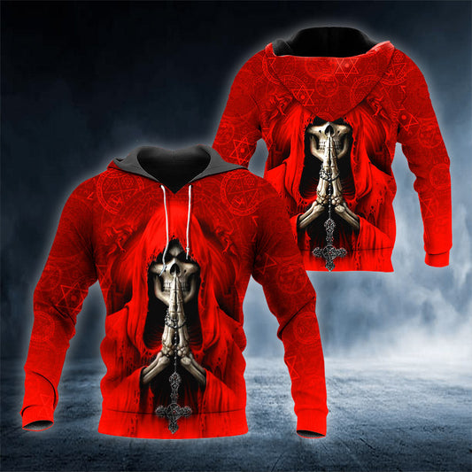 Grim Reaper Red Pray Skull 3D All Over Printed Unisex Hoodie US Size