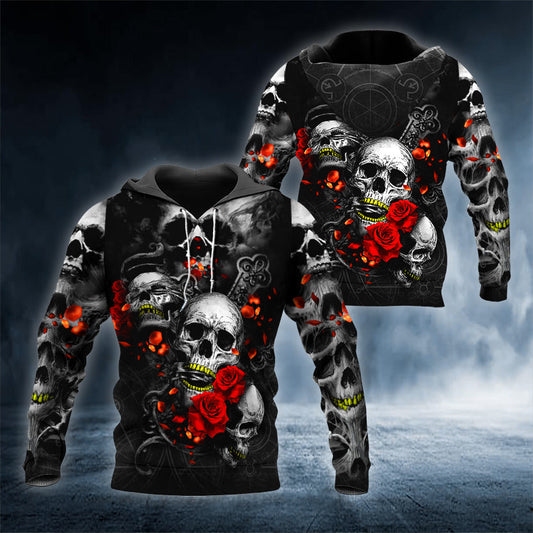 Roses See, Speak and Hear No Evil Skull 3D All Over Printed Unisex Hoodie US Size