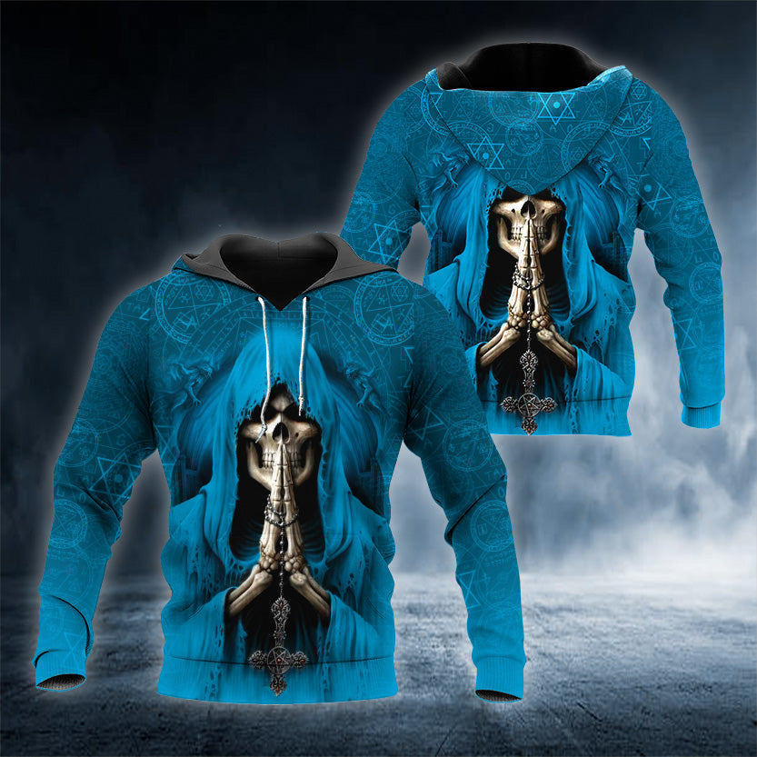 Blue Pray Skull 3D All Over Printed Unisex Hoodie US Size