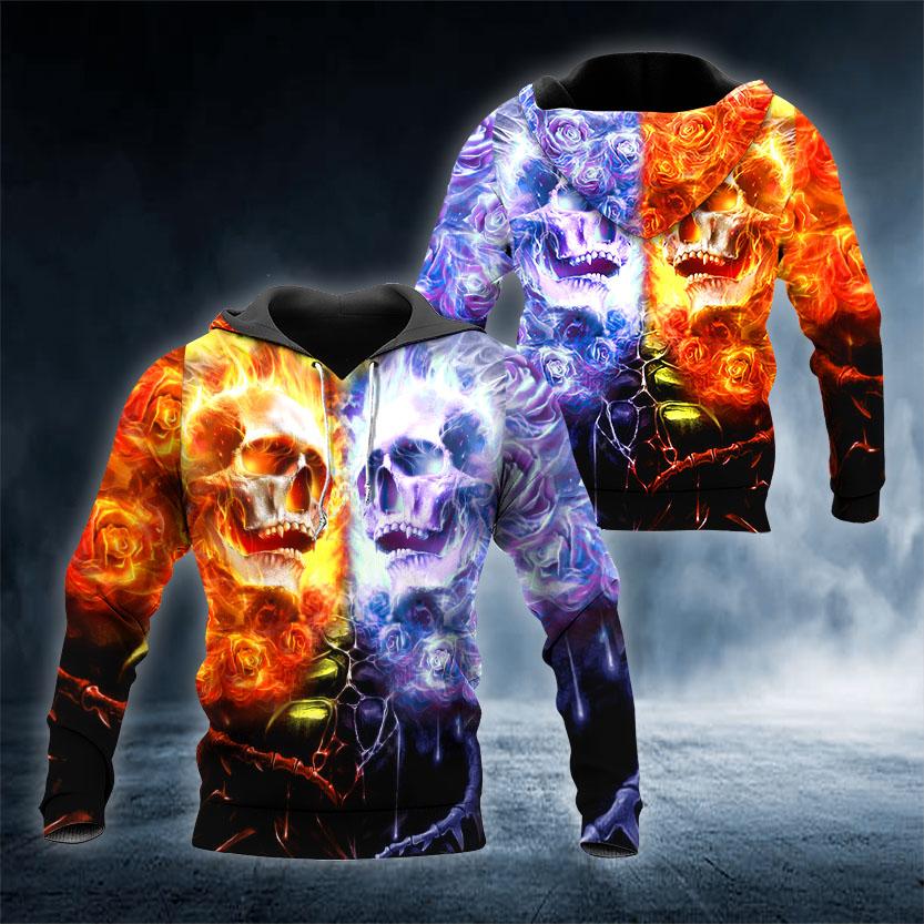 Fire Ice Skull 3D All Over Printed US Unisex Size Hoodies