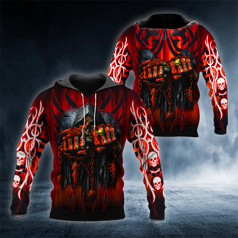 Game Over Grim Reaper Skull 3D All Over Printed Unisex Hoodie US Size