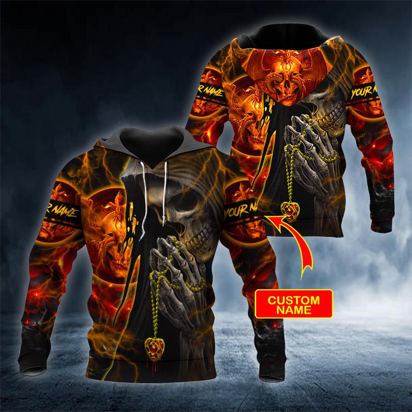 Pray Fire Skull Personalized 3D All Over Printed US Unisex Size Hoodies