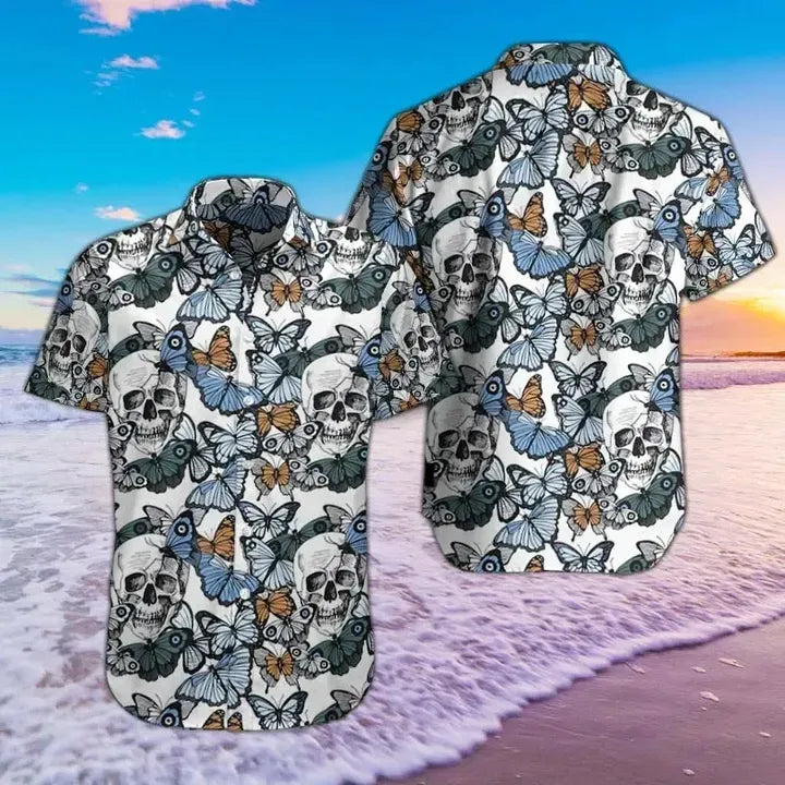 Skulls And Butterflies Hawaiian Graphic Print Short Sleeve 