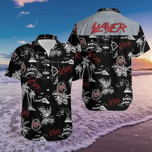 Slayer Rock Band Music Aloha Hawaiian Graphic Print Short Sleeve 