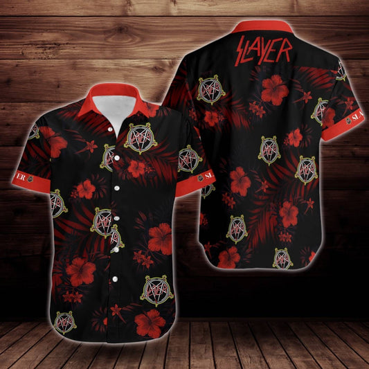 Slayer Rock Band Music Flower Hawaiian Graphic Print Short Sleeve 