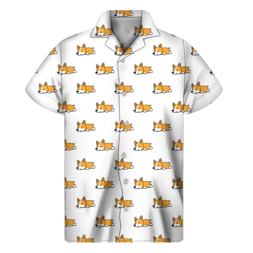 Sleeping Corgi Pattern Print Mens Short Sleeve Shirt Hawaiian