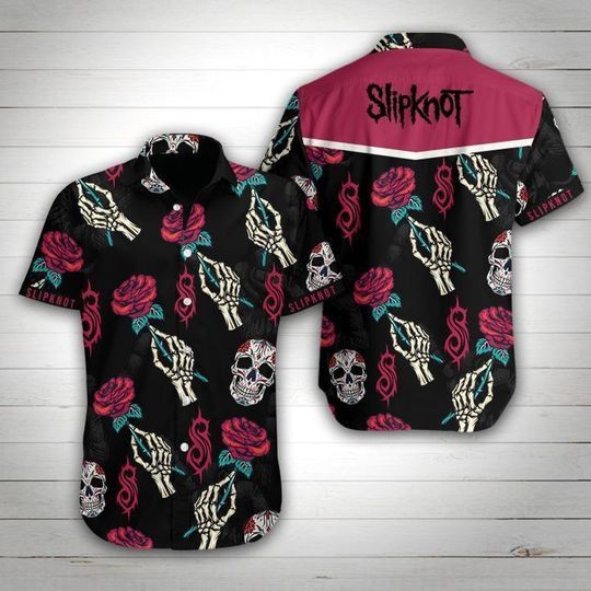 Slipknot Band Rose Skull Hawaiian Graphic Print Short Sleeve 