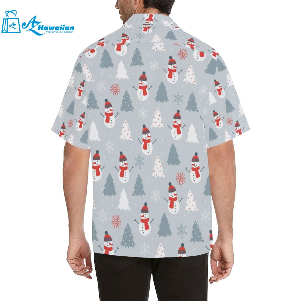 Snowman Christmas Tree Snow Gray Background Mens All Over Print Hawaiian Shirt