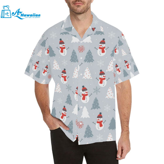 Snowman Christmas Tree Snow Gray Background Mens All Over Print Hawaiian Shirt