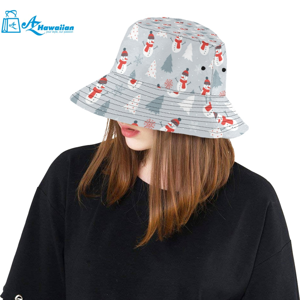 Snowman christmas tree snow gray background Unisex Bucket Hat