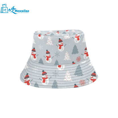 Snowman christmas tree snow gray background Unisex Bucket Hat