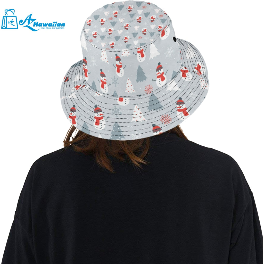 Snowman christmas tree snow gray background Unisex Bucket Hat