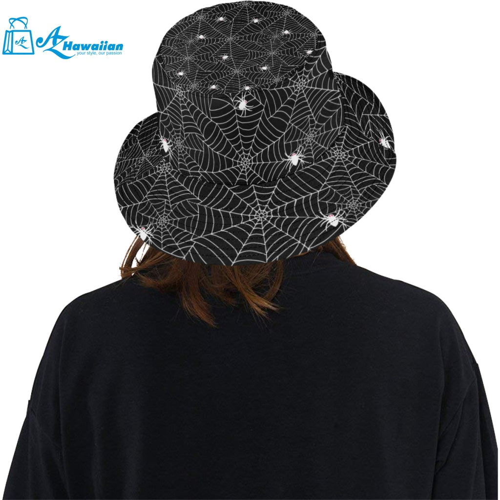 Spider web design pattern Black background white c Unisex Bucket Hat