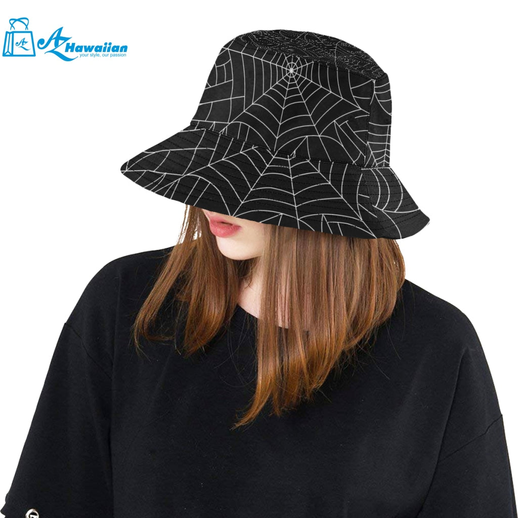 Spider web pattern Black background white cobweb Unisex Bucket Hat