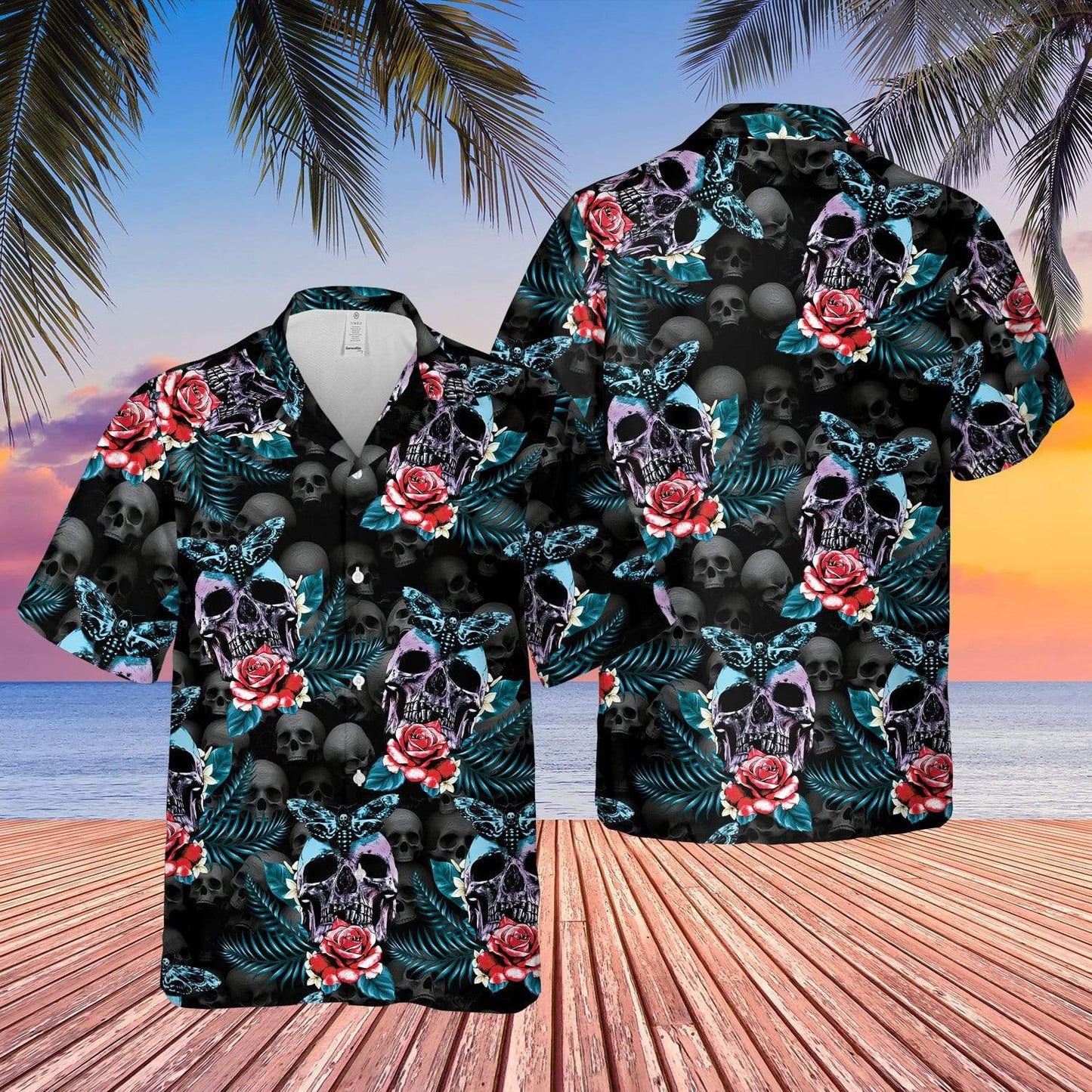 Halloween - Skull Rose And Butterfly Black Aloha Hawaiian Shirts