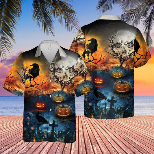 Glowing Pumpkin by Night Halloween Unisex Hawaiian Aloha Shirts #4621V