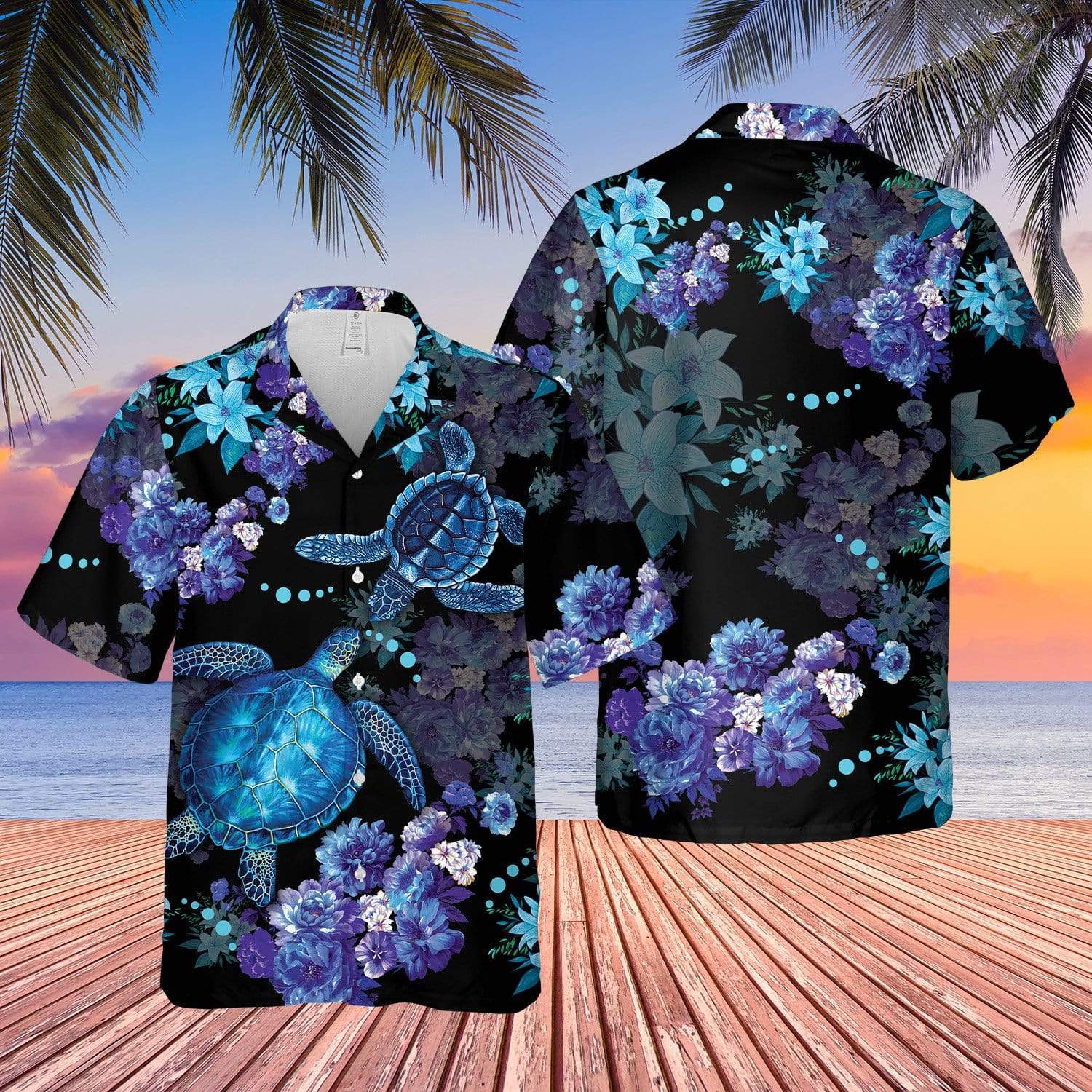 Hawaiian Aloha Shirts Blue Turtle Flower #140621V