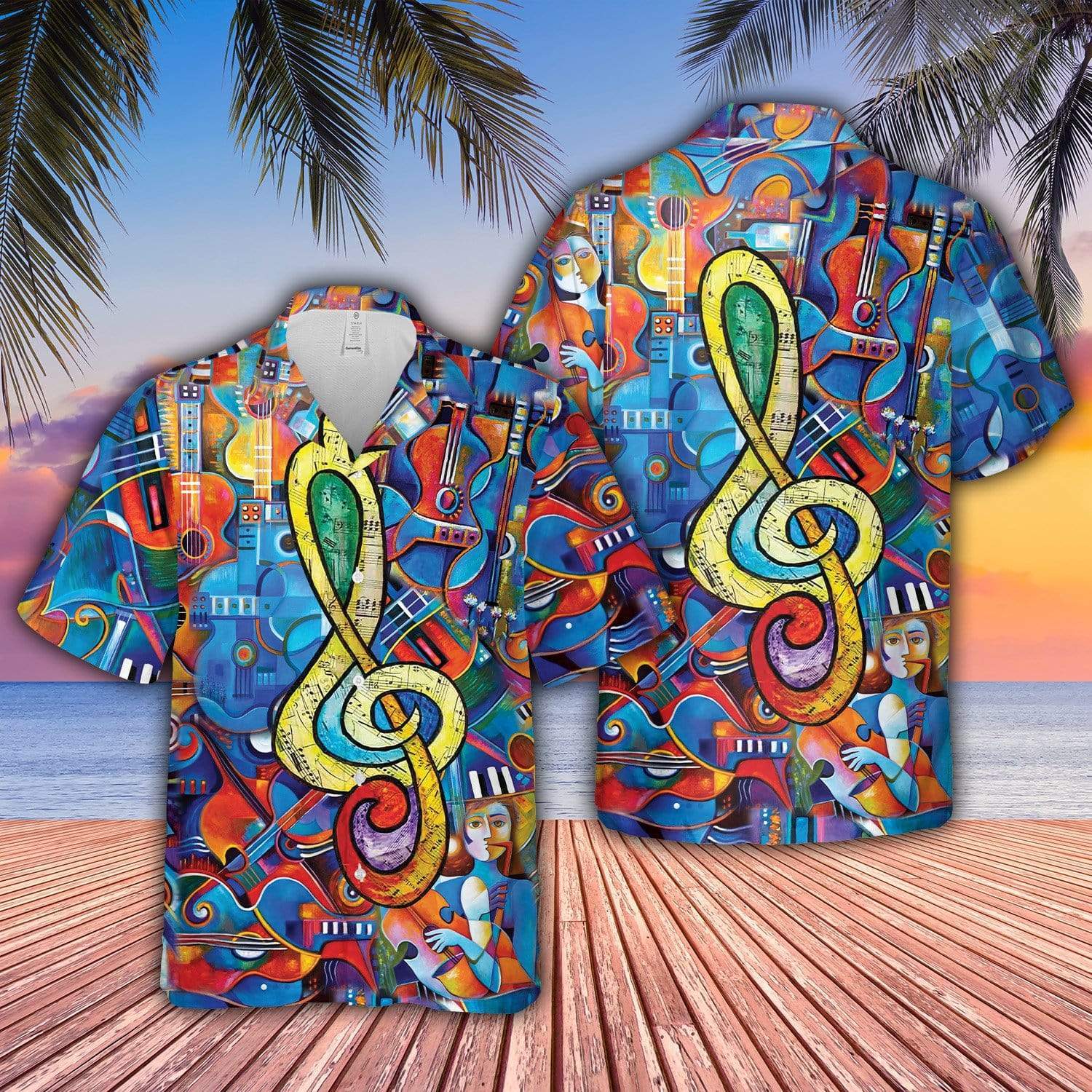 Guitar Hippie Music Note Unisex Hawaiian Aloha Shirts #Va