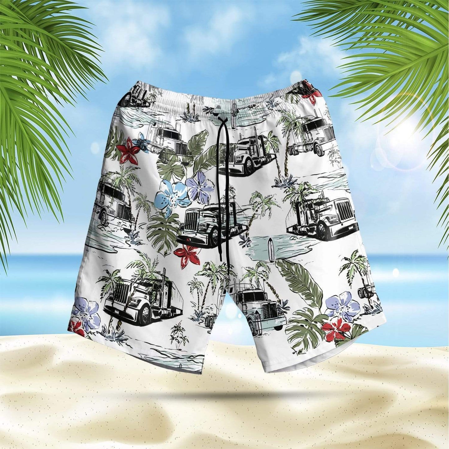 Vintage Truck Aloha Hawaiian Shirts Swim Trunks Beach Shorts #V