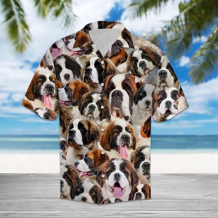 St Bernard Dog Hawaiian Graphic Print Short Sleeve 