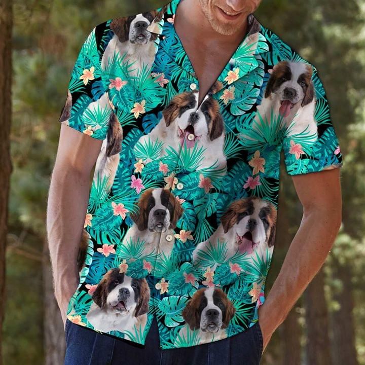 St Bernard Dogs Funny Hawaiian Graphic Print Short Sleeve 