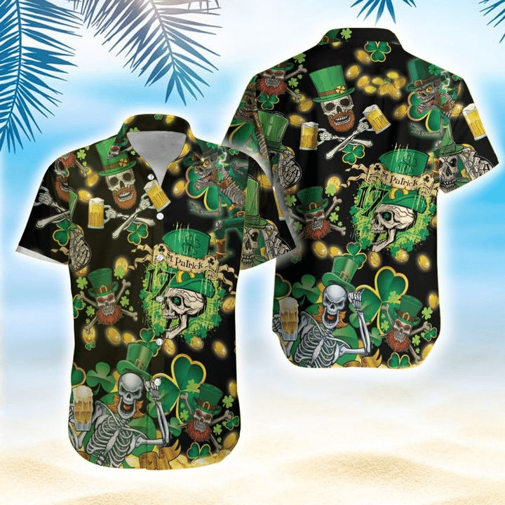 St Patrick'S Day Skull Hawaiian Graphic Print Short Sleeve 